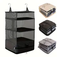 Sac de rangement suspendu pliable à trois couches en tissu non tissé avec 2 crochets pour vêtements de chambre