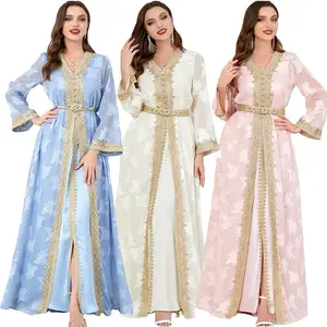 Hot Selling Ethnic Islamic Clothing Eid Fashion Robe Kimono Embroidery 2 Pieces Set Abaya Women Muslim Dress With Belt
