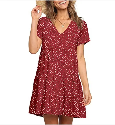 Q237 Summer Chiffon Pleated Summer Dress Women Short Sleeve V-neck Polka Dot Printing Ladies Mini Dresses