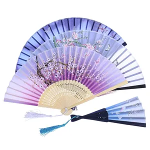 Chinese Classical Style Flower Butterfly Pattern Dance Folding Fan with Tassel Home Decoration