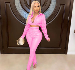 Спортивный костюм, комплект из 2 предметов, женская модная одежда, весенний женский укороченный топ из искусственной кожи с длинным рукавом, брюки, наряды из двух предметов - Product Image 4