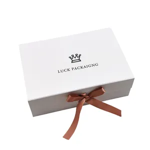 Custom Luxury White Magnet Flap Clothing Paper Box Foldable Magnetic Closure Gift Boxes With Rose Gold Ribbon