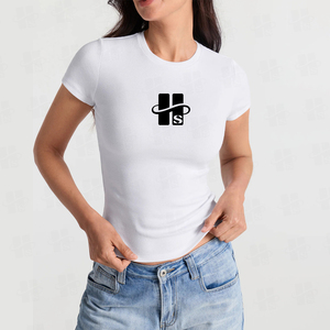 T-shirt décontracté pour femme, coupe slim, couleur unie, style classique, broderie, haute élasticité, 95% coton, 5% élasthanne - Product Image 5
