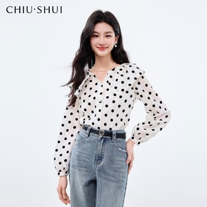 Blusa Vintage con Cintura Imperio y Estampado de <span class=keywords><strong>Lunares</strong></span>, Nueva Moda de Principios de Otoño, Estilo Versátil para el Trabajo, Diseño de Solapa Grande - Product Image 1