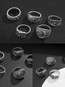 Lot de 5 bagues vintage argentées pour homme, style gothique punk, vente en gros pour la bijouterie en ligne - Product Image 2