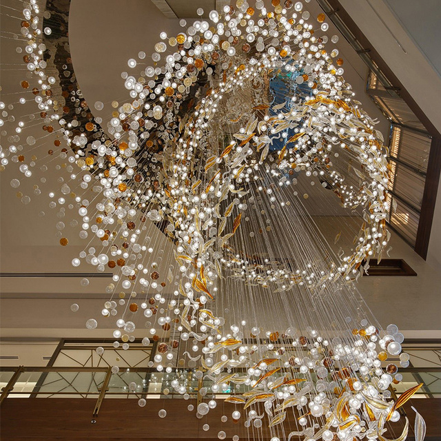 Luxury Art Glass Ball Shape Decorative Modern Hand Blown Glass Lamp for Hotel Villa Lobby Pendant Light Chandelier