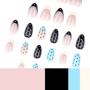 Faux ongles à presser en amande à pois français, bleu, noir, nude, réutilisables, pour femmes, tendance, pointes d'ongles artificielles - Product Image 4