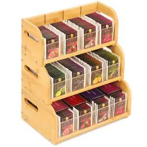 Bamboo Tea Bag Organizer, Tea Storage/Holder With 3-Layer Stacked Design For Teabag Wooden Station Stand Tea Caddy Box