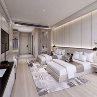 Suite de mobilier sur mesure pour chambre d'hôtel étoilé, lit double plateforme avec placard intégré et comptoir de travail