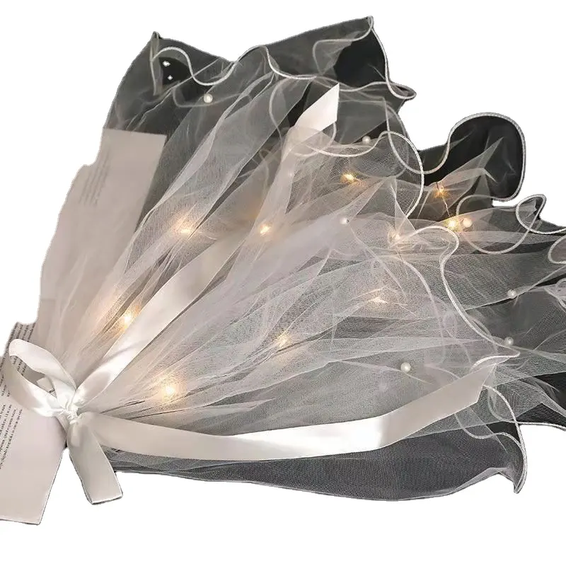 Neue Mädchen Frauen Mädchen leuchten Voile Ribbon Bow Zwei schicht ige Perlen Hochzeit Pearl Ribbon Led Schleier Braut