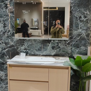 Mueble de baño estilo amarillo, mueble con espejo tipo colmena, lavabo blanco, mueble colgante con doble cajón. - Product Image 6