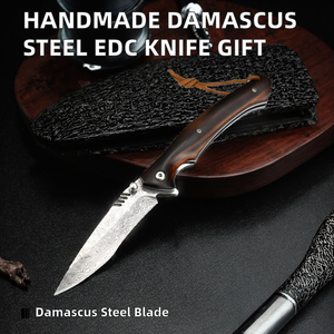 Cuchillo de bolsillo EDC de acero de Damasco de 107 capas hecho a mano, funda de cuero de lujo, mango de palisandro, plegable y duradero, OEM - Product Image 2
