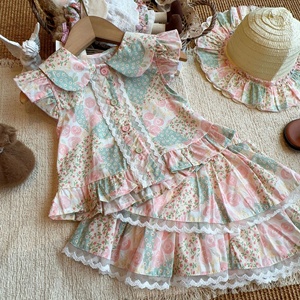 Conjunto <span class=keywords><strong>de</strong></span> 2 piezas con estampado floral para niña, cuello <span class=keywords><strong>de</strong></span> muñeca, manga con volantes, falda <span class=keywords><strong>de</strong></span> encaje escalonada, <span class=keywords><strong>ropa</strong></span> <span class=keywords><strong>de</strong></span> verano - Product Image 2