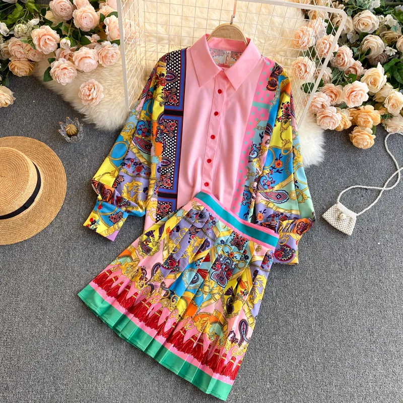 ZL0005 Women Fashion Luxury Print Shirt Top + Pleated Mini Skirt Spring Autumn Vintage Long Sleeve Buttons Party 2 Piece Sets