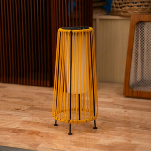 Modern Yellow Woven Rattan Cylindrical E26 Solar Table Lamp AC <b>Small</b> Floor Lamp for Patio Garden Porch Yard - Product Image 1