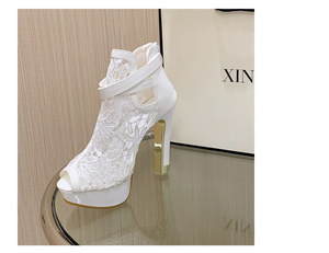 Nouvelles sandales à talons hauts en dentelle pour femmes, avec boucle de ceinture, bout ouvert, plateforme ajourée, pour l'été et les soirées, grandes tailles, chaussures pour femmes 2023 - Product Image 5