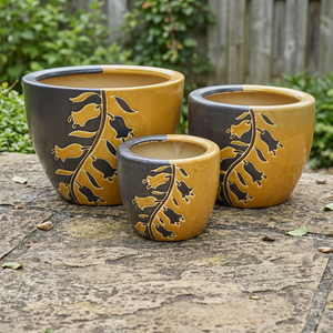 Ensemble de pots à fleurs en céramique jaune et noir, design floral, style rustique, pots de jardin extérieurs vernissés - Product Image 2