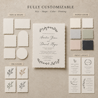 Suite d'invitations de mariage personnalisées à bords festonnés, papier fait main avec impression de croquis botaniques minimalistes, carte RSVP et carte de détails