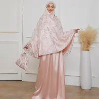 Burkha มุสลิม Abayas ชุดเดรสฮิญาบสำหรับผู้หญิง,ชุดเดรสมุสลิมปักลายลูกไม้สีชมพูเสื้อผ้าอิสลามชุดเดรสฮิญาบมุสลิมฟรีไซส์