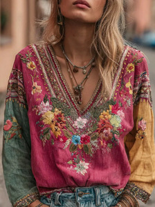 Blus V-neck Kasual Retro Bohemian Wanita dengan Gaya Nasional dan Lengan Panjang - Product Image 6
