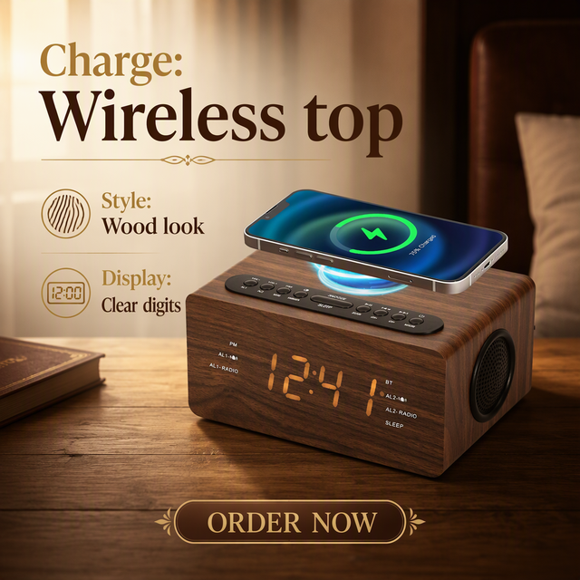 OEM ODM Custom Logo Private Mold Retro Wooden 10W Fast Wireless Charging Dual Alarm Sleep Timer Dimmable LED Display Clock Radio