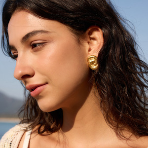 Stud Earrings Gold Tone Textured Geometric Design Unisex Everyday Wear - Product Image 3