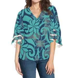 custom on demand plus size lace blouse for women polynesian tribal design plumeria print casual women chiffon shirt