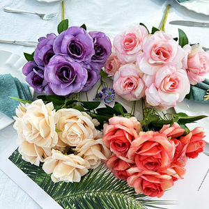 Boda Flor de Rosa artificial 7 cabezas Mesa Rosa Salvia Flores verdes Estilo europeo Ramo Centros de mesa Decoración - Product Image 5