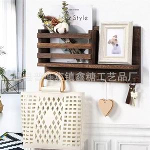 Wooden Wall <b>Shelf</b> With <b>Hooks</b> Key Storage Rack Two Layer Entryway Organizer For Living Room Home Decor - Product Image 3