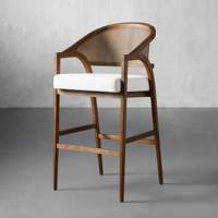 Tabouret de bar en rotin de style mid-century, structure en bois massif, assise en tissu rembourré, hauteur de comptoir, pour cuisine, restaurant, hôtel