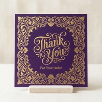Cartes de remerciement Art Nouveau violet royal, personnalisables en gros avec logo OEM/ODM, cartes d'insertion de luxe ornées pour événements et emballages