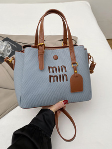 Luxury Designer Inspired Canvas Leather Trim Bucket <b>Tote</b> <b>Bag</b> Women With Embroidery Lettering - Product Image 5