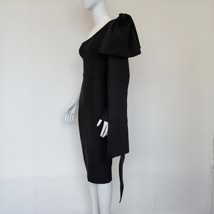 Abito da donna nero monospalla aderente con fiocco, lunghezza al ginocchio, casual, antistatico, in tessuto tinta unita, elegante, per feste diurne - Product Image 3