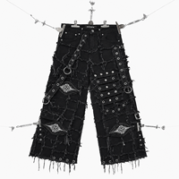 Pantalon en denim épais de qualité supérieure DiZNEW pour hommes, patchwork à carreaux, détails multi-œillets, jeans baggy, logo personnalisé, streetwear, usine BSCI