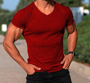 Camiseta Deportiva de Verano al por Mayor, Ajustada, con Rayas, Cuello en <span class=keywords><strong>V</strong></span>, Manga Corta, Logotipo Personalizado, Impresión Serigráfica, Anti-UV, Transpirable - Product Image 6