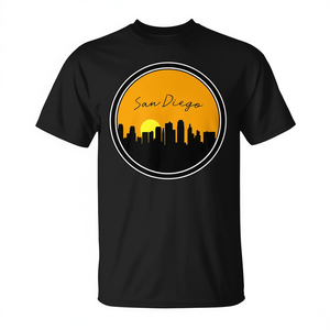 Camiseta Unisex Negra con Cuello Redondo y Manga Corta de San Diego City Sunset Skyline, Promocional para Adultos - Product Image 2