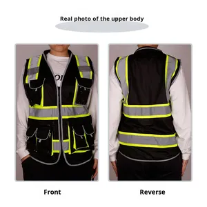 سترة عمل سوداء عالية الوضوح متعددة الجيوب بسحاب مقاومة للتآكل ملابس أمان قابلة للتخصيص بشعار الشركة مباشرة من المصنع - Product Image 3