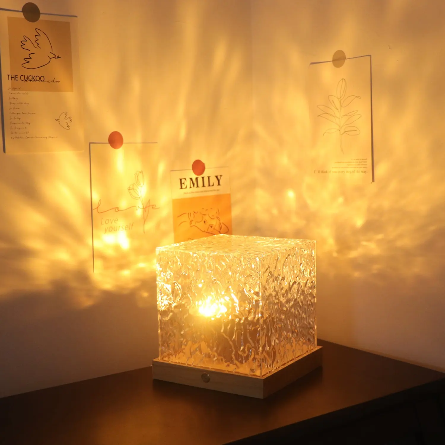 Usb 충전식 3D 테이블 램프 침실 장식 동적 불꽃 물 리플 아크릴 밤 빛 Led 나무 자료
