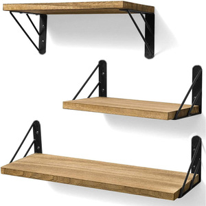 Wall Mounted Shelf Wooden Floating Shelf With Metal <b>Bracket</b> For Bedroom Living Room Multipurpose Storage Rack 3 Tier - Product Image 1