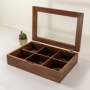 Walnut Storage Box With Compartments Covered Glass Lid Desktop Organizer For Jewelry Collectibles 18L - Product Image 4