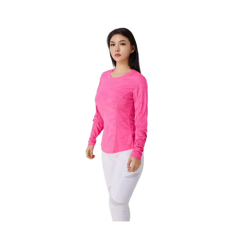 Women's Breathable Long Sleeve Yoga Sports Top with Front Logo Elegant Pink Printed Round Collar Yoga Wear