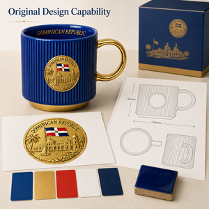 Tasses en céramique souvenir de la République Dominicaine, design drapeau emblématique, médaillon doré, mug à eau en porcelaine, fournisseur en gros ODM personnalisé - Product Image 4