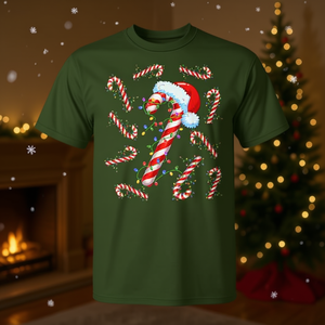Maglietta natalizia Candy Cane Santa unisex per adulti, stampa digitale, girocollo, maniche corte, abbigliamento natalizio, design con luci di Natale - Product Image 4