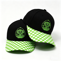 Casquette de baseball structurée à 6 panneaux avec logo personnalisé, motif singe de dessin animé brodé, noir et vert à carreaux, pour streetwear