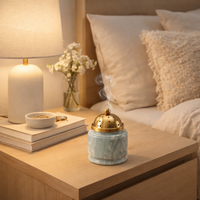 Porte-encens en marbre écologique, brûleur de Bakhoor en pierre naturelle Mubkhar avec couvercle métallique pour la maison ou comme cadeau