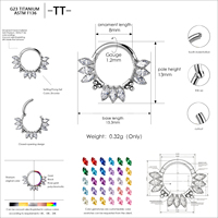 Anneau de septum en titane ASTM F136 avec placage PVD, zircone cubique, forme géométrique, pour Daith, nez, couronne, bijoux de piercing tendance