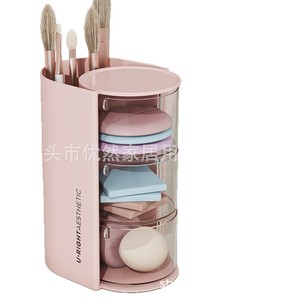 U Rightaesthetic <b>Makeup</b> Organizer With Brush Holder And Powder Puff Storage Dustproof Cosmetic Storage <b>Box</b> For Desk - Product Image 5