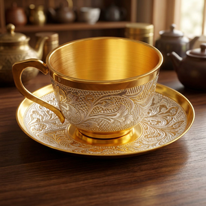Handcrafted Brass <b>Tea</b> and Coffee <b>Cup</b> with Saucer <b>Set</b> Vintage Gold and Silver Engraved Metal Drinkware Royal Decorative Tableware - Product Image 2