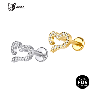 Labret en titane ASTM F136 pour enfant, motif cœur, fileté intérieurement, pavé de zircone cubique, creux, pour cartilage d'oreille, hélix, tragus, plaqué or 18 carats - Product Image 1