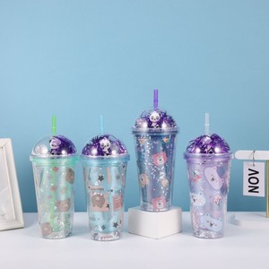Cute 450ml Four-Color Bear Panda Double Wall <b>Plastic</b> <b>Straw</b> Cup with Purple Tinsel Decor Dome Lid for Kawaii Girls Daily Summer - Product Image 6